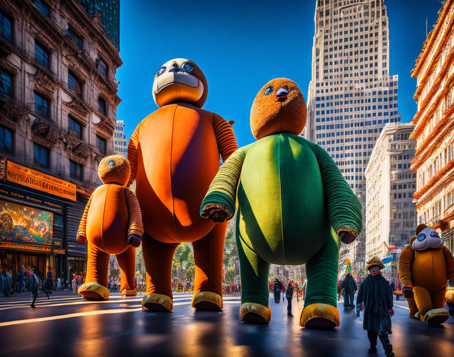 Colorful Inflatable Humanoid Figures with Child on City Street