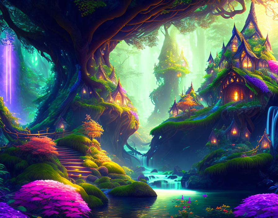 Enchanting forest with vibrant flora, glowing lights, treehouses, waterfalls, serene river