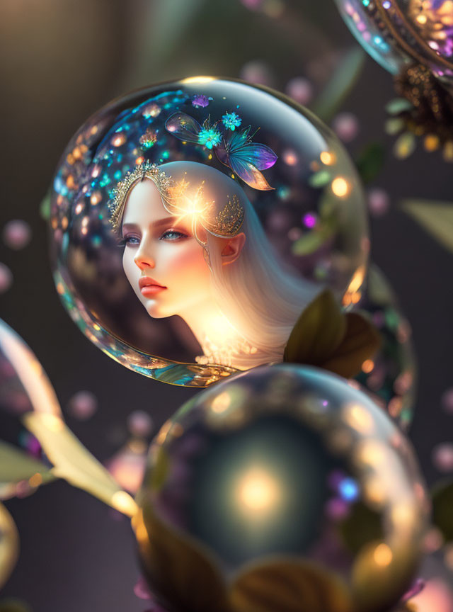 Surreal digital artwork featuring woman's face in transparent orb