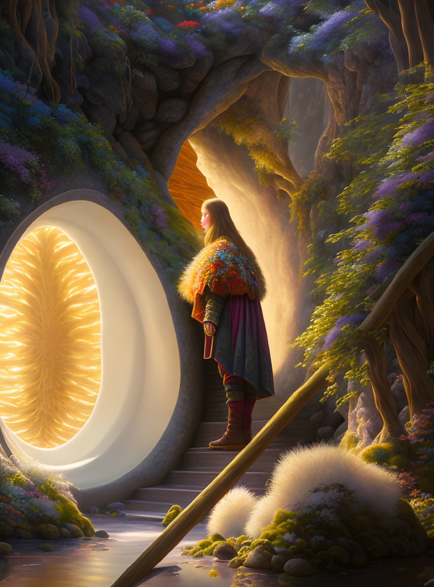 Enchanting forest scene with glowing portal and figure in cloak