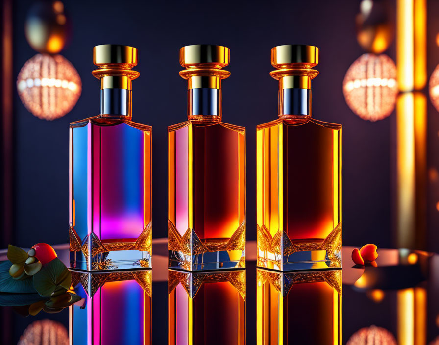 Ornate Perfume Bottles with Golden Caps in Ambient Light