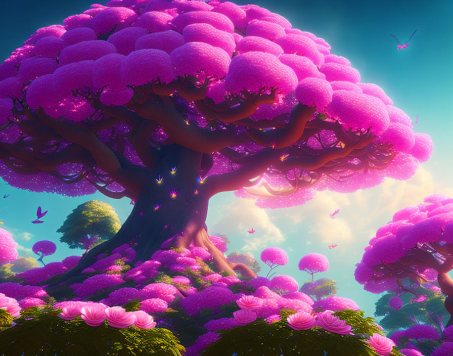 Colorful fantasy landscape with giant pink tree and floating blossoms