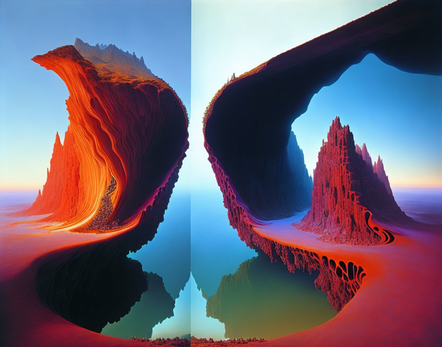 Vibrant surreal landscape with flowing rock formations and fiery hues