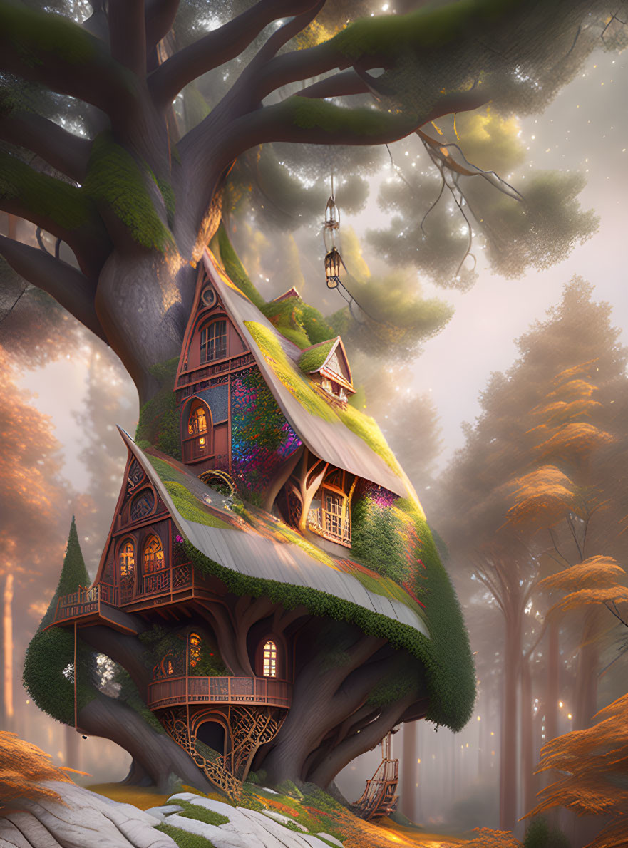 Enchanted forest treehouse with warm sunlight.