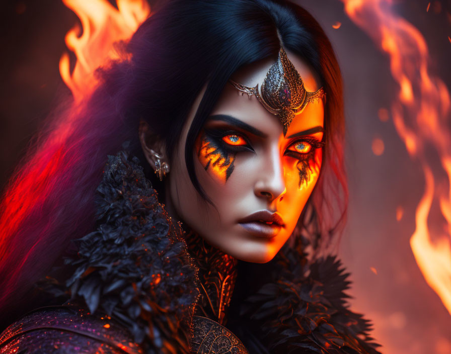 Fantasy-themed woman with fiery orange eyes and ornate headdress amid flames