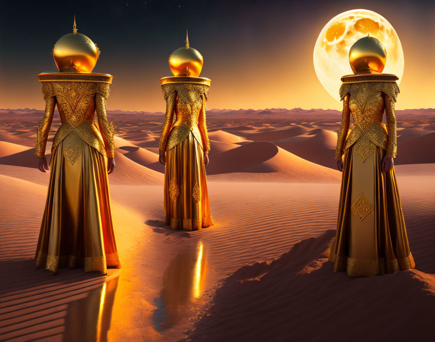 Golden armored figures under moonlight in desert