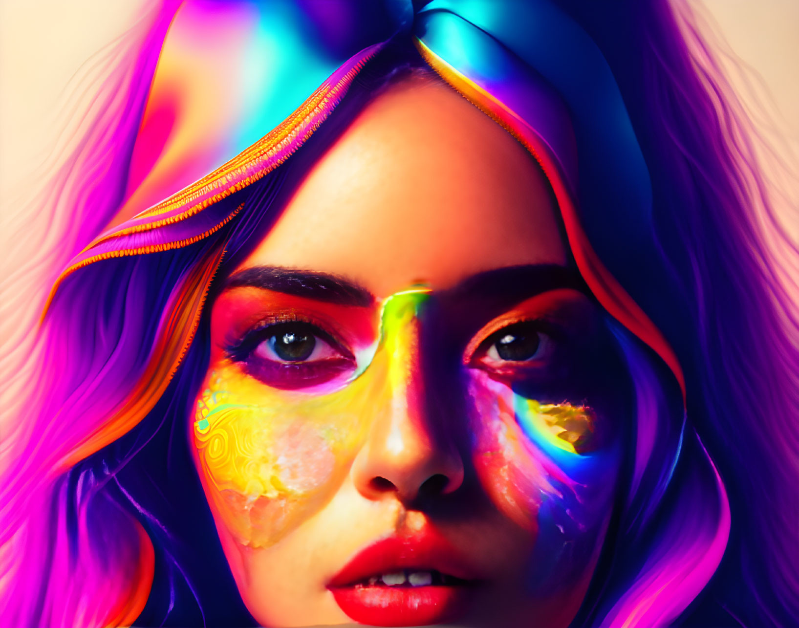 Colorful portrait of a woman illuminated by vibrant neon lighting