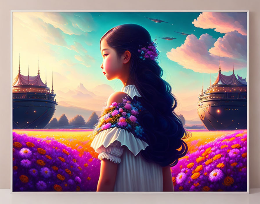 Young girl with bouquet in hair in vibrant field watching ships at sunset