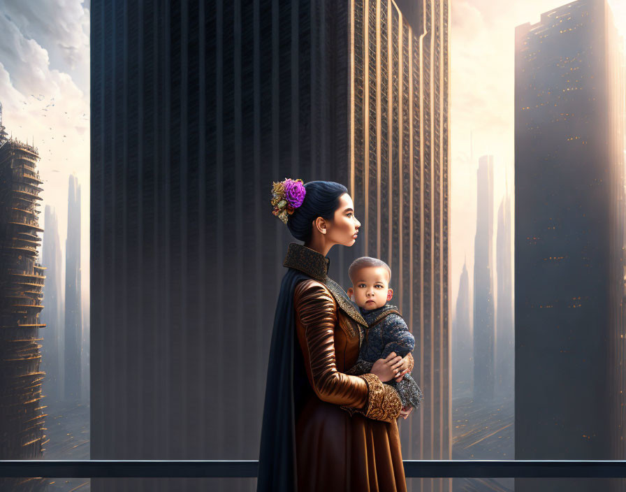 Woman with child in front of futuristic skyscrapers at sunset.