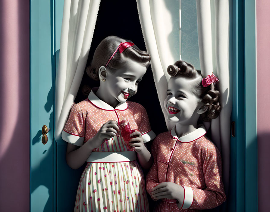 Two girls in vintage attire sharing a drink at doorway curtain.