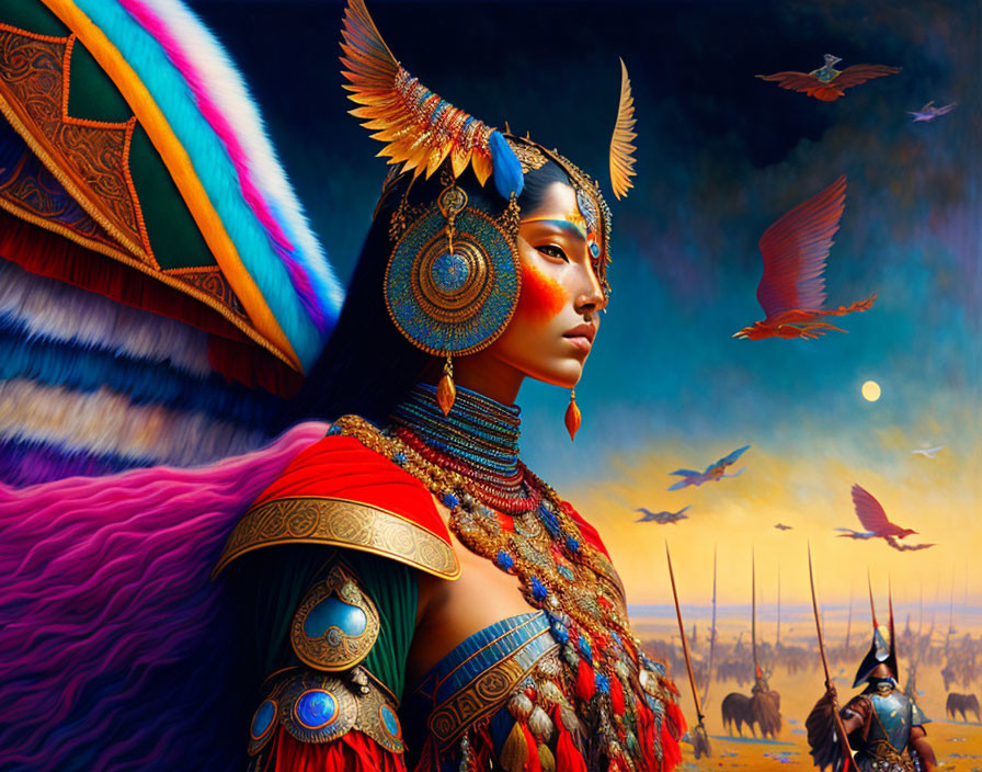 Detailed depiction of woman in tribal attire with feather headdress in surreal setting.