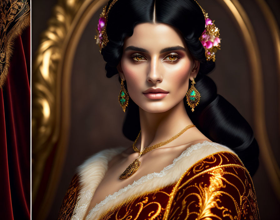 Dark-haired woman in glamorous red and gold dress with striking makeup and gold jewelry.