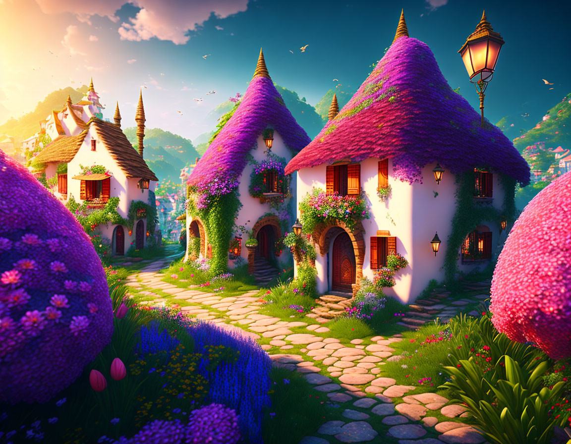 Whimsical village with pink flower-covered cottages & cobblestone path