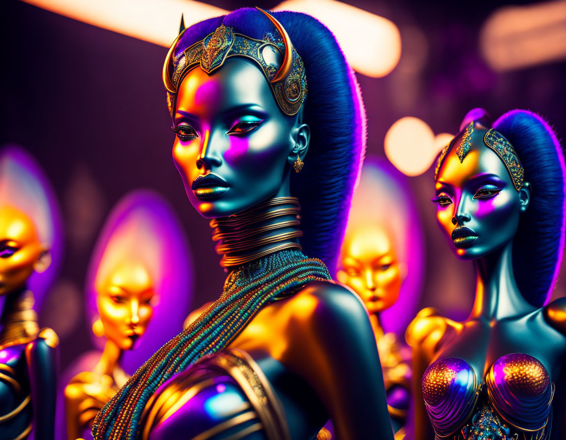 Futuristic female figures with metallic skin and exotic jewelry in warm lighting