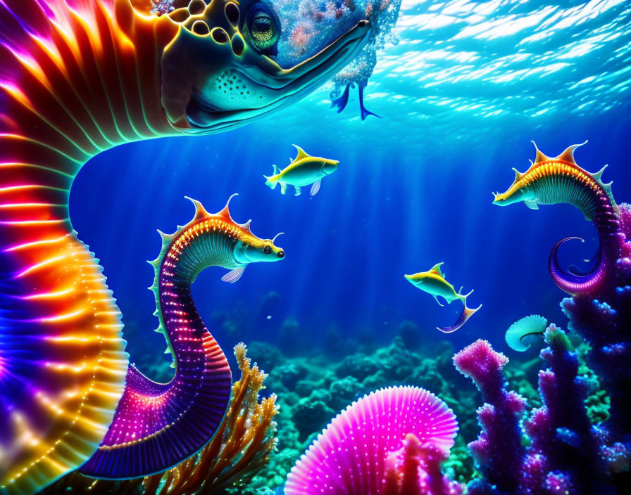 Vibrant seahorse, fish, and coral in colorful underwater scene