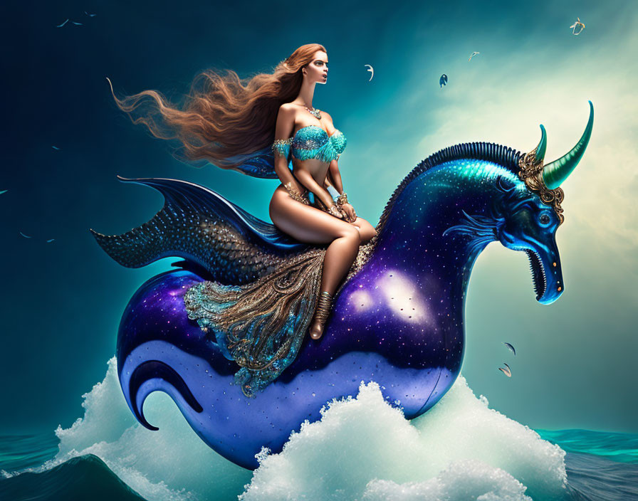 Fantastical image of woman riding capricorn in ocean waves