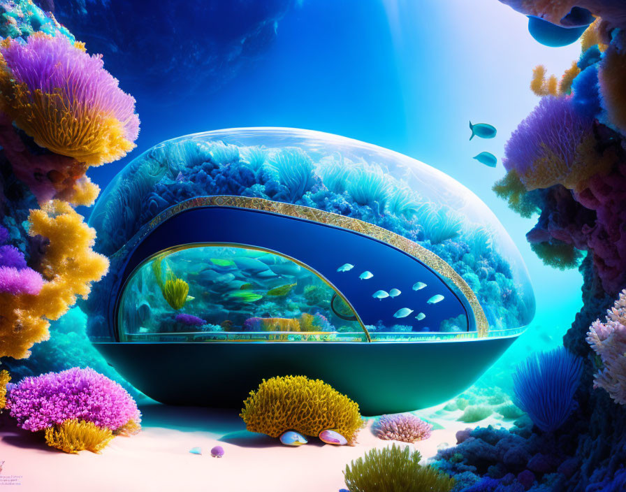 Futuristic underwater habitat with colorful coral and marine life