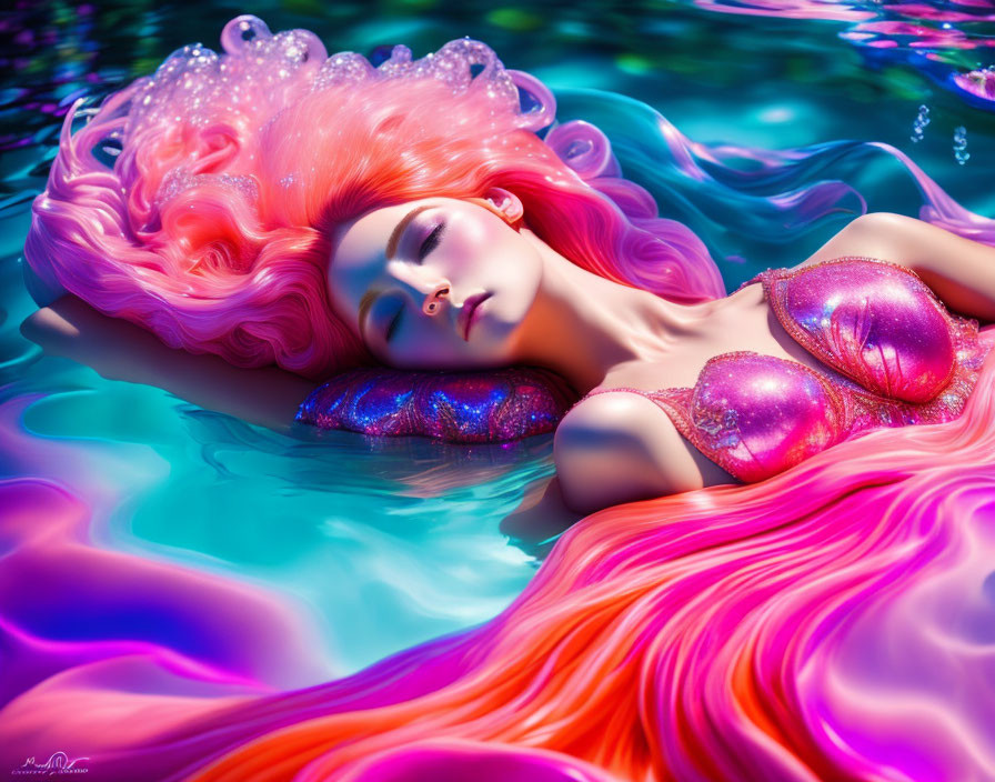 Pink-haired woman in sparkling dress floats in iridescent pool