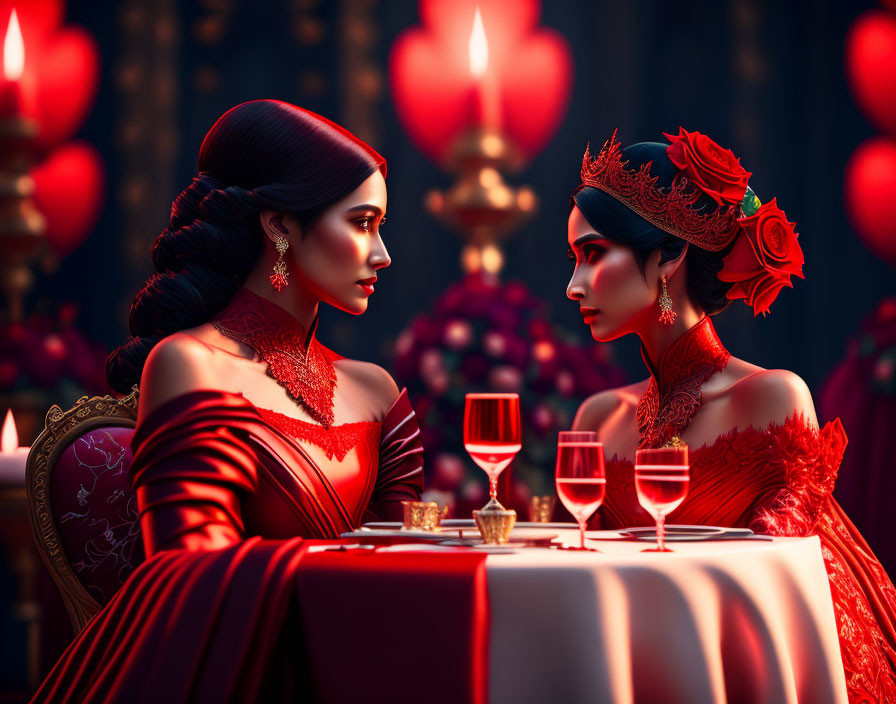 Two Women in Elegant Red Gowns and Headdresses at Table with Red Candles and Wine Glasses