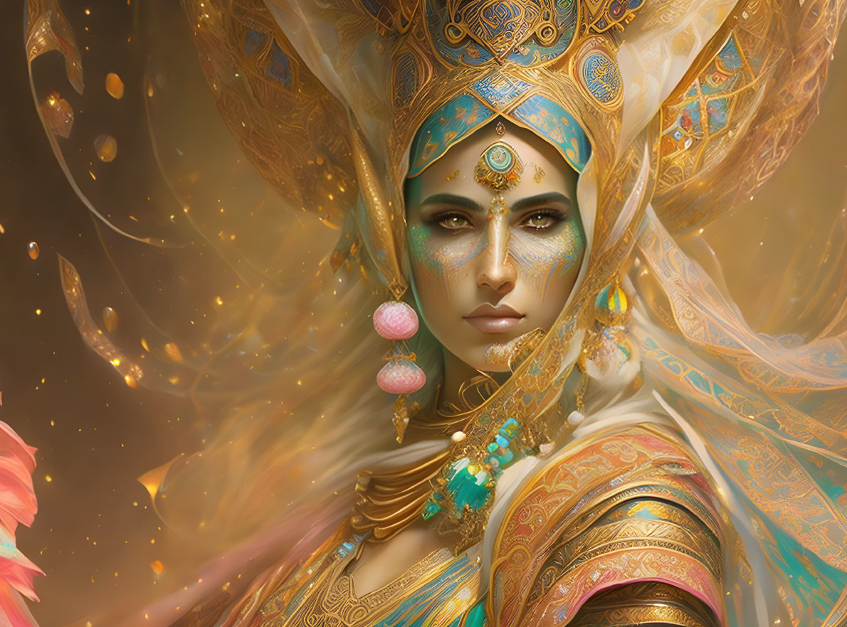 Intricate golden headgear and ornate armor on majestic fantasy figure