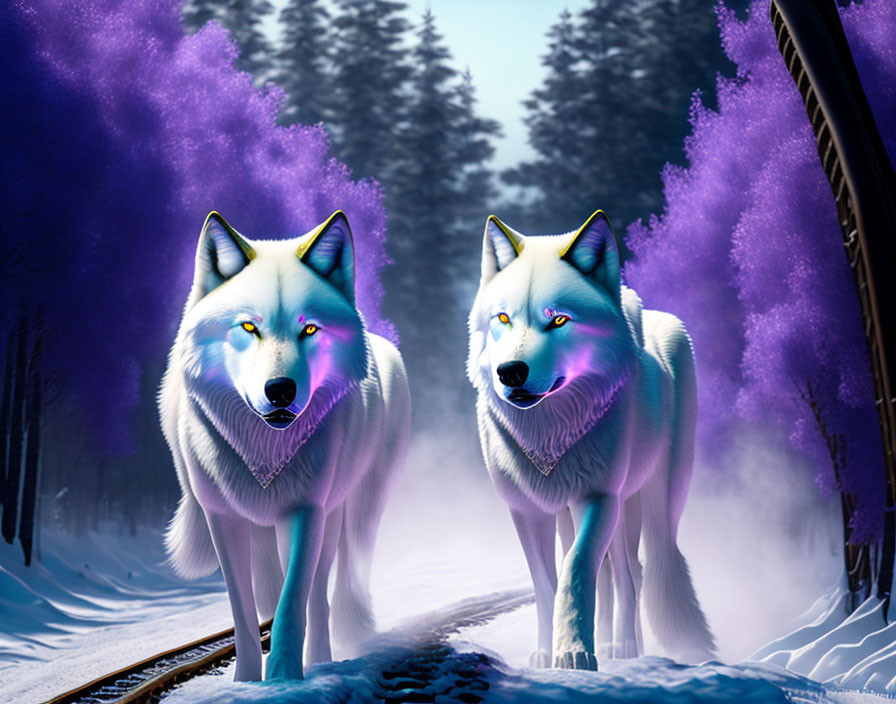 Ghostly White Wolves with Glowing Eyes on Snowy Train Tracks