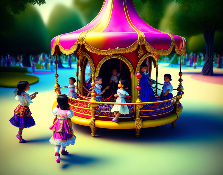 Vibrant amusement park scene with children in colorful outfits