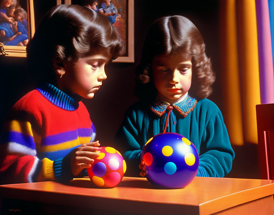 Children in Colorful Sweaters Study Polka-Dotted Balls on Table