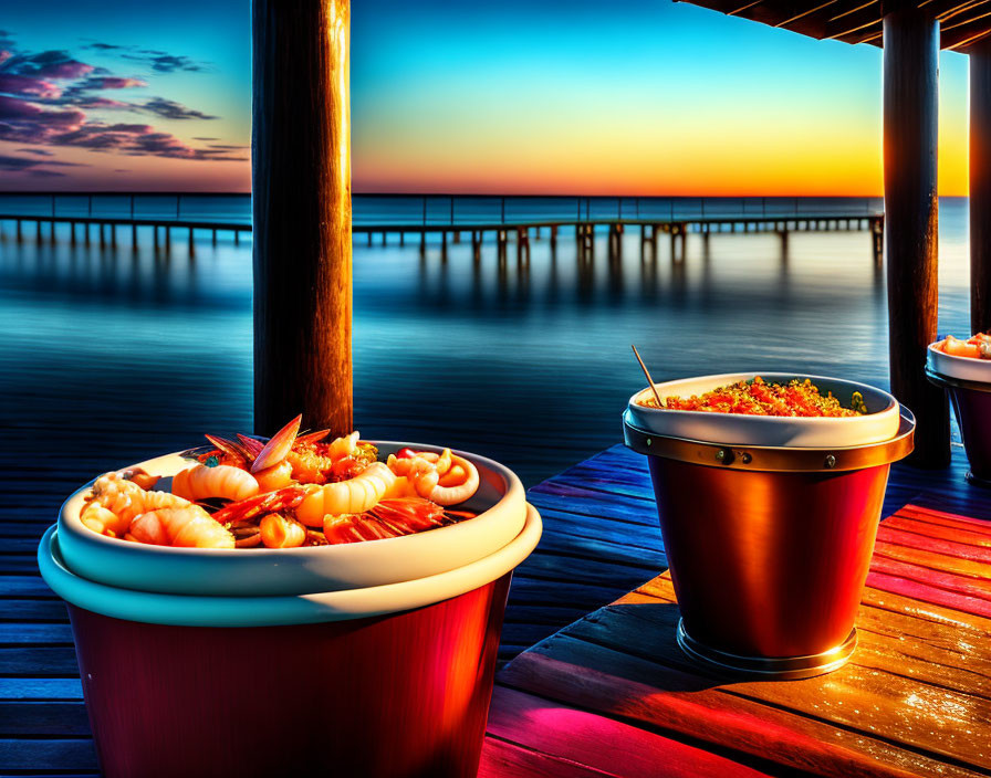 Pasta bowls on wooden table with ocean sunset view