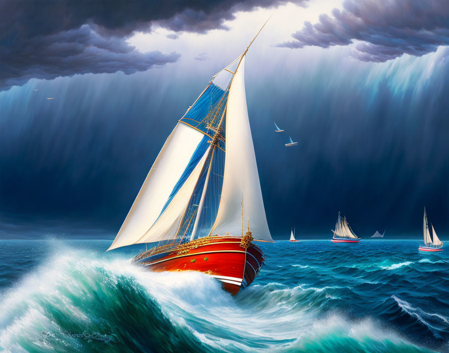 Colorful sailboat in stormy sea under dramatic sky