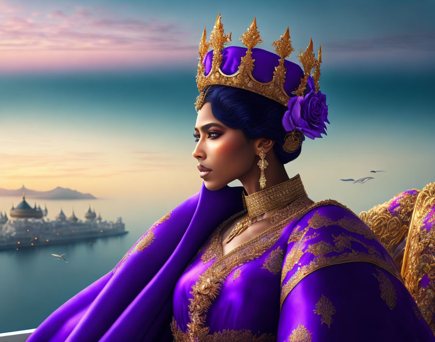 Illustrated queen in blue gown and crown with purple flower, set against sunset palace.