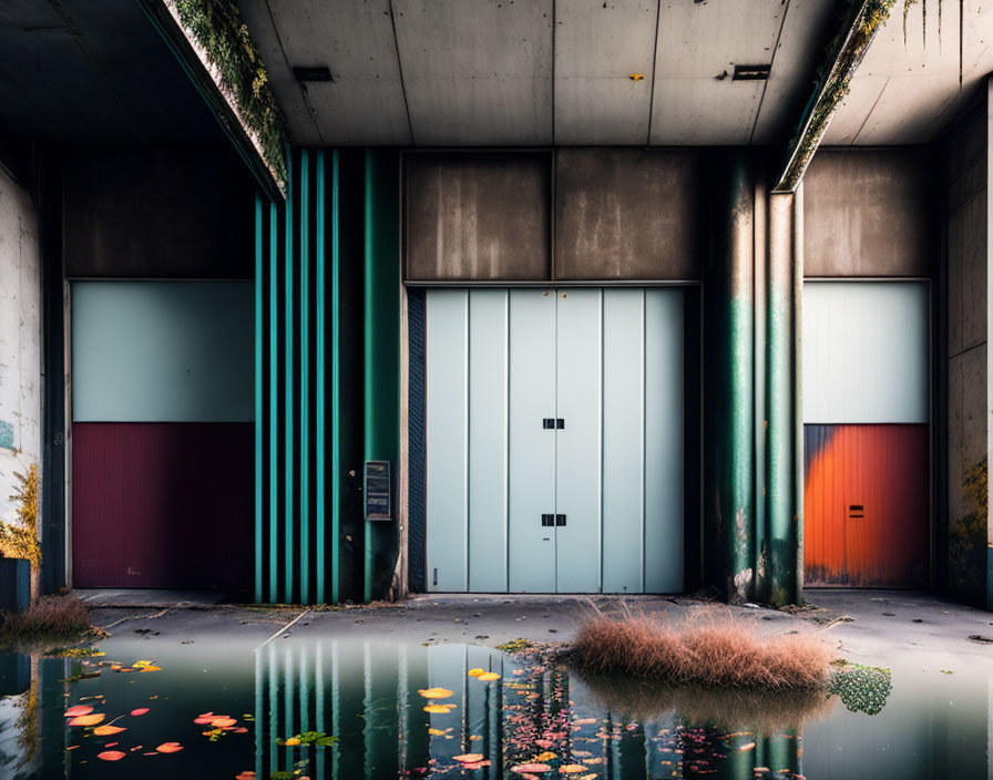 Colorful Industrial Doors Reflecting on Water with Floating Leaves and Grass