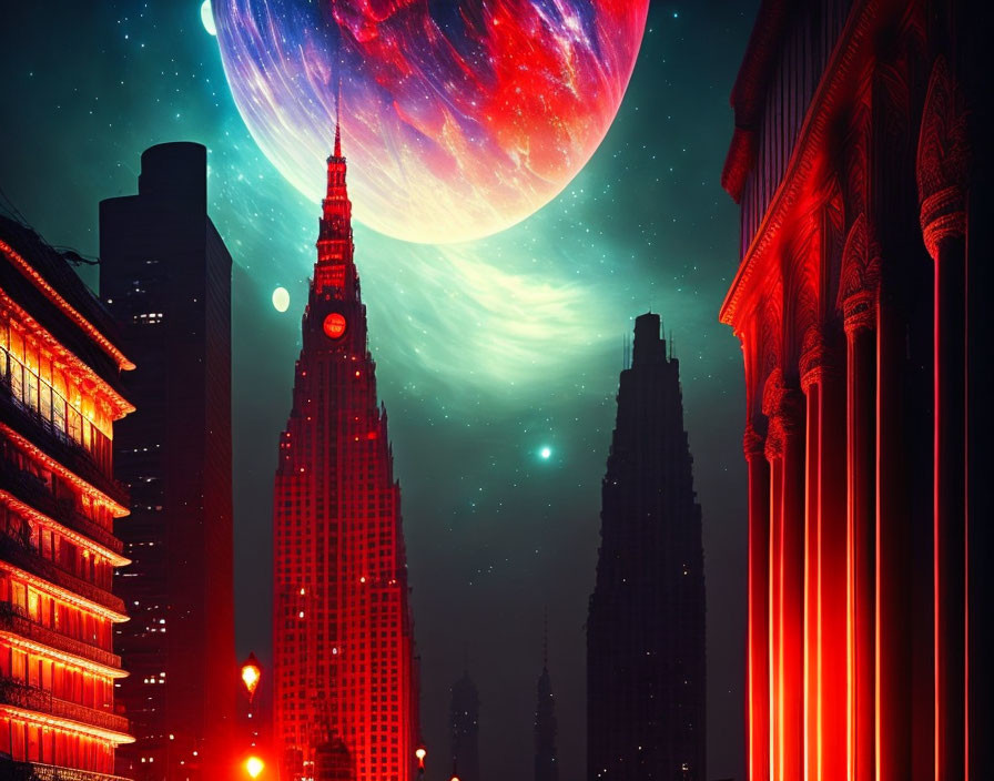 Vibrant red futuristic cityscape with oversized planet and moons.