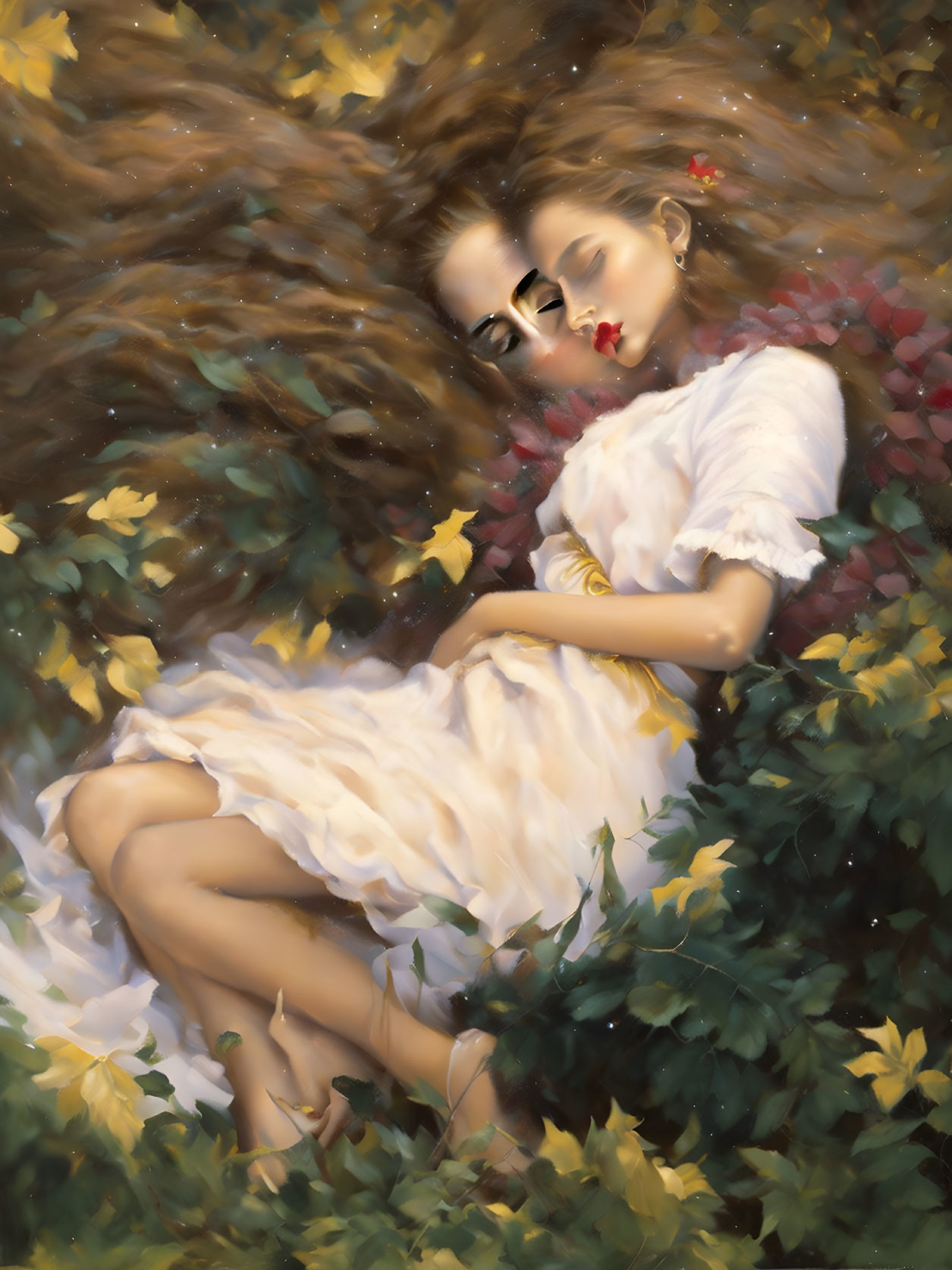 Woman lying among flowers and leaves in serene painting.