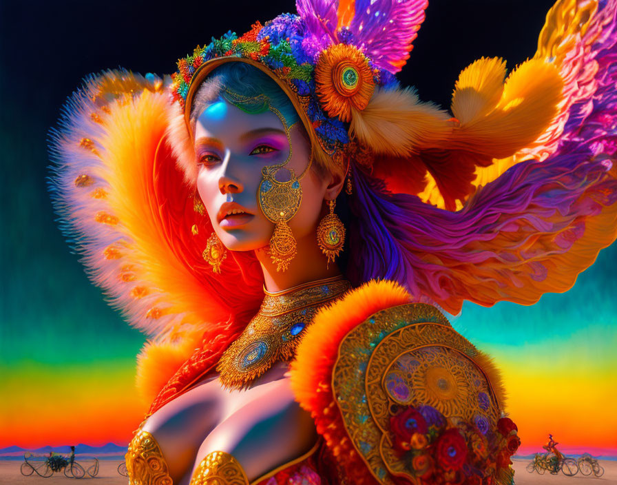 Colorful portrait of woman with feathered headdress, gold jewelry, and sunset backdrop