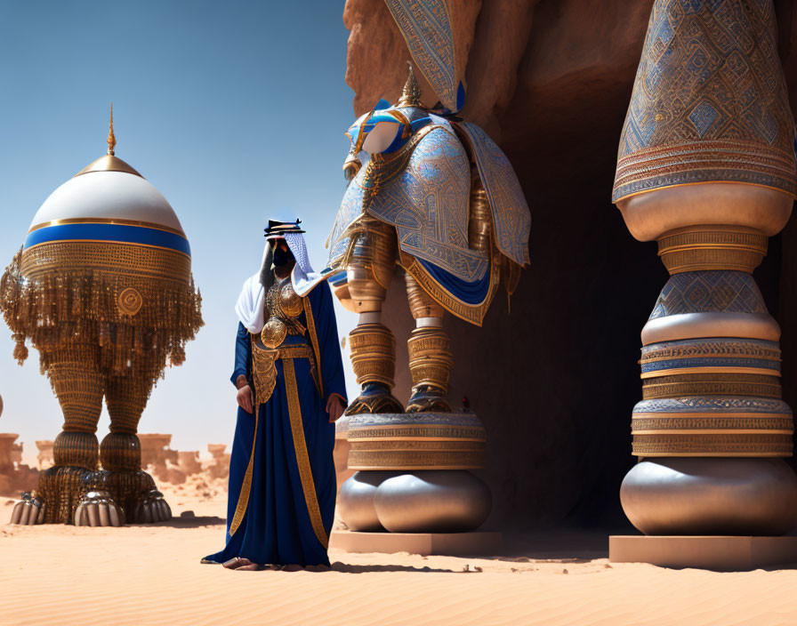 Traditional Arab attire person with golden robotic camel legs in desert landscape