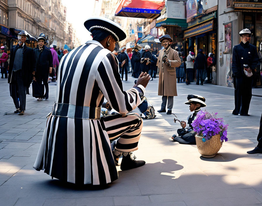 City street scene: Street performer in striped costume engages with child as passersby and officer observe.