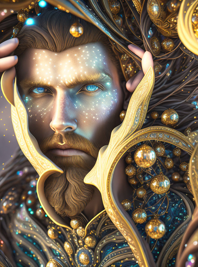 Male figure with starry blue eyes and golden ornate filigree, emitting an otherworldly