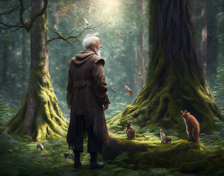 Elderly person in cloak surrounded by foxes and squirrels in enchanted forest