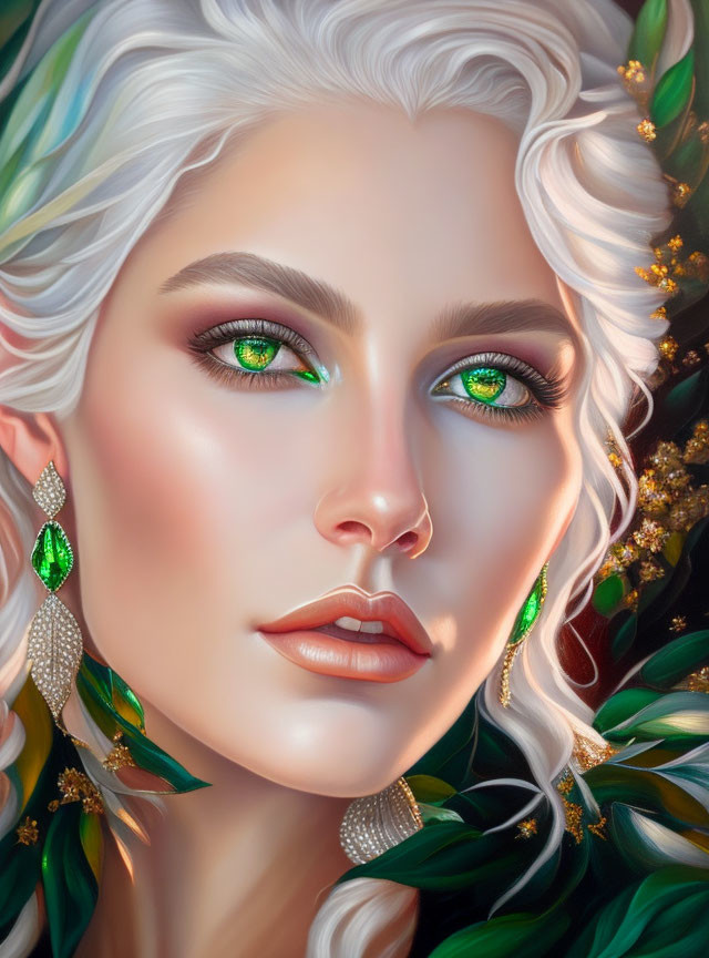 Woman with Green Eyes and White Hair in Gold and Emerald Jewelry among Green Leaves