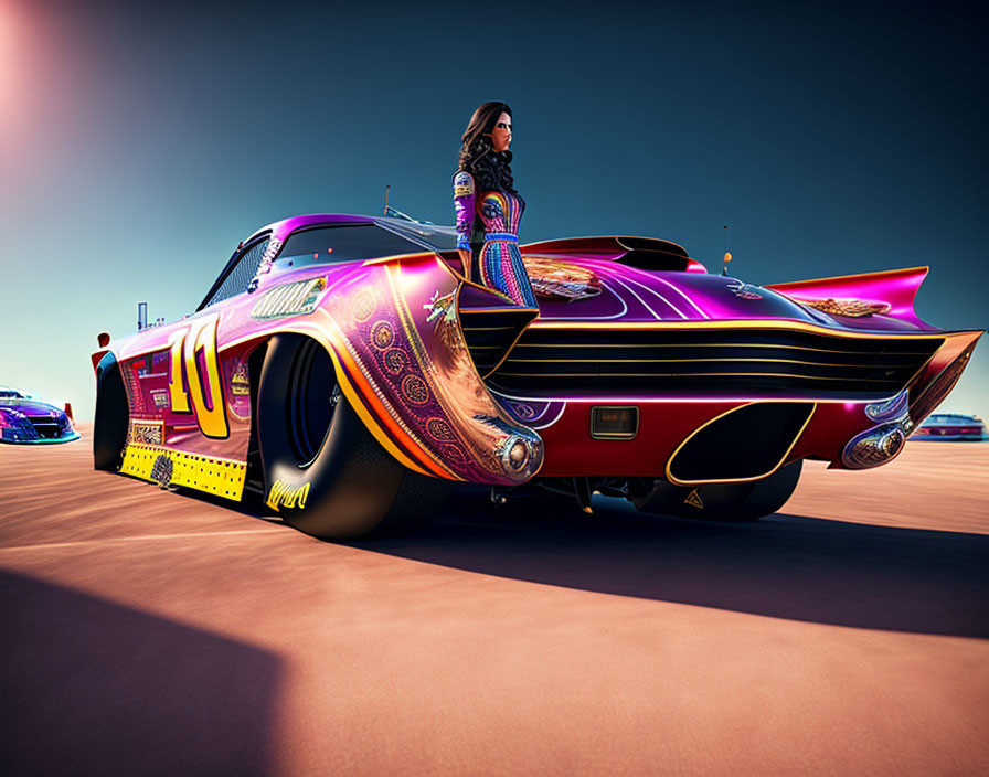 Colorful Outfit Woman Poses on Custom Car with Exaggerated Features