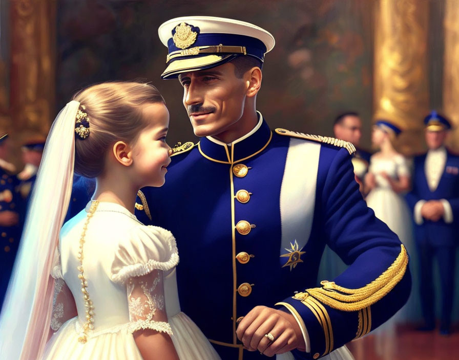 Military man in formal uniform with young girl at ceremonial event