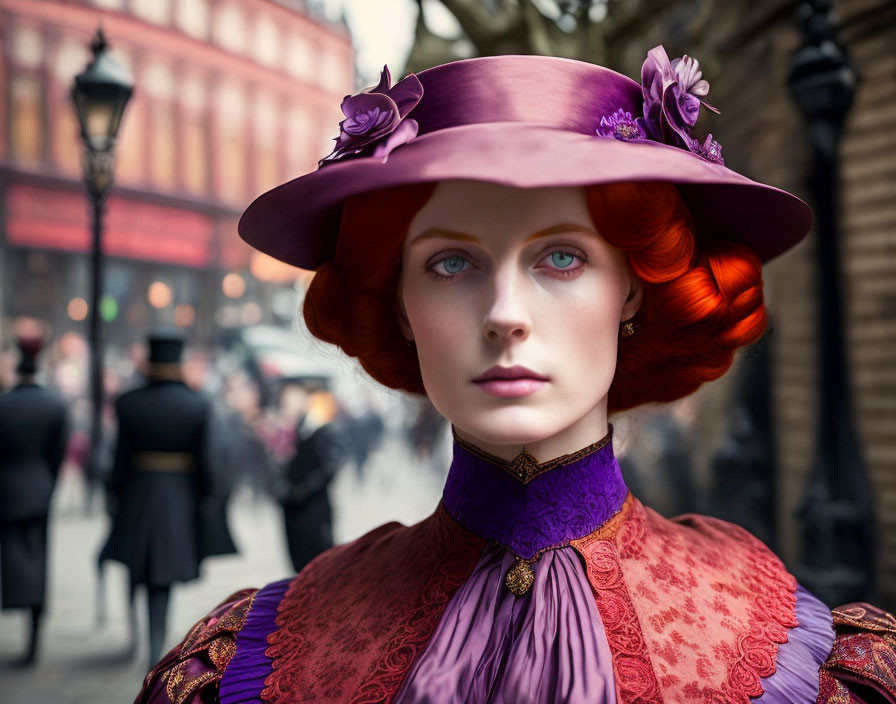 Woman in vintage clothing and purple floral hat on busy street