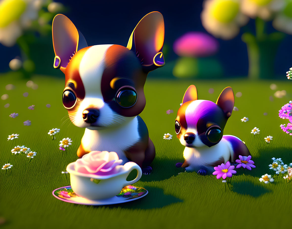 Stylized cartoon chihuahuas with expressive eyes in a nighttime floral setting