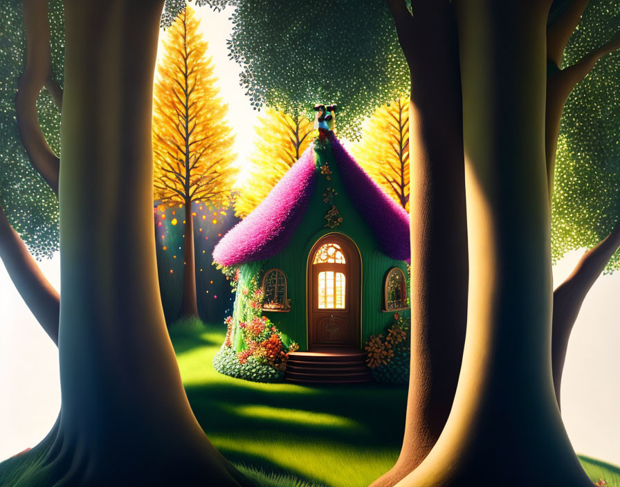 Purple-roofed cottage in forest glade under warm light