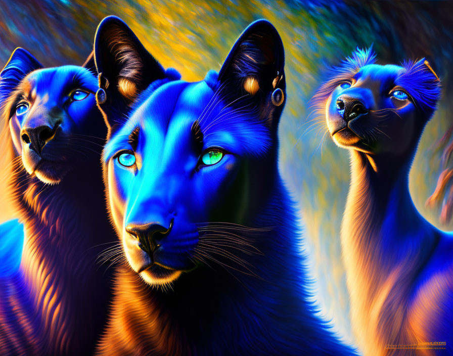 Stylized blue felines in vibrant digital art