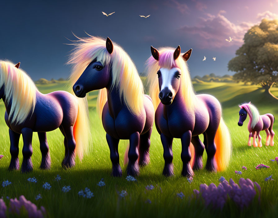 Colorful Cartoon Ponies and Foal in Sunset Meadow with Birds and Flowers