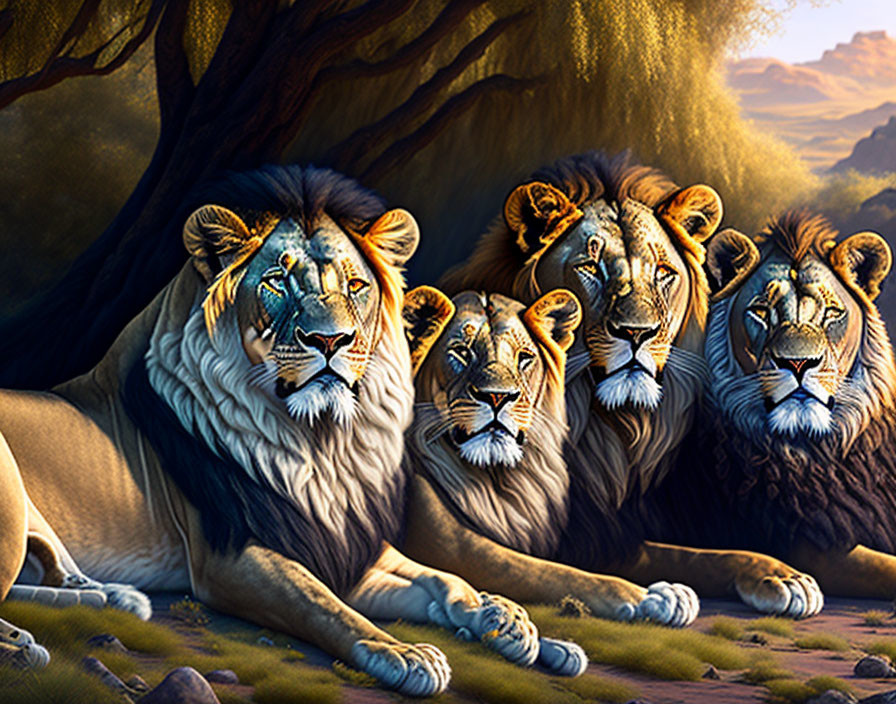 Majestic lions in sunlit savannah with serene expressions