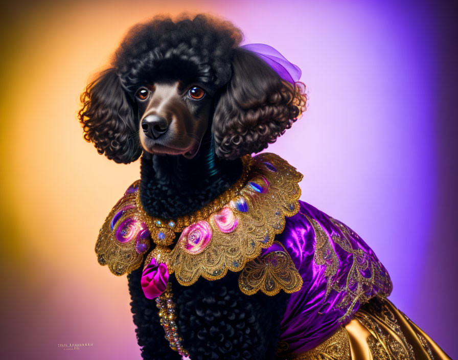 Stylized black poodle in purple and gold costume