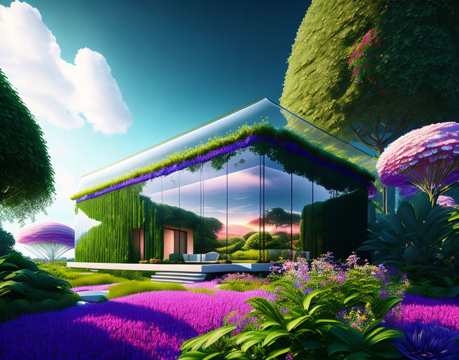 Futuristic glass house in lush garden with whimsical trees at dusk