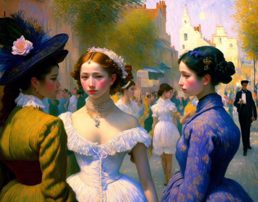 Three elegantly dressed women on a bustling, historic street scene